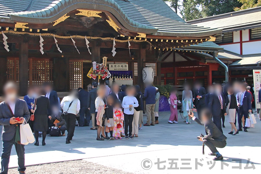 大國魂神社 本殿（拝殿）前で記念撮影の七五三ご家族の様子