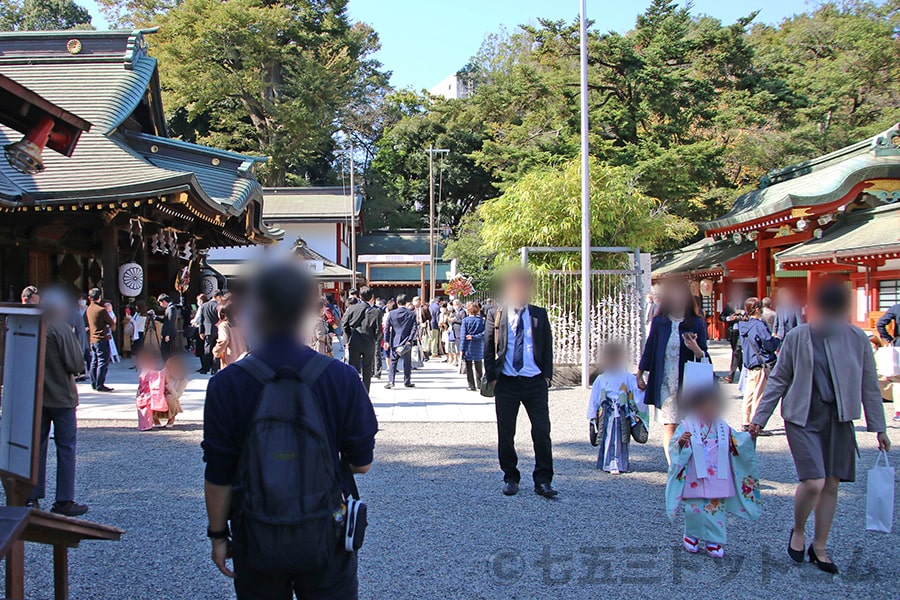 大國魂神社 本殿前の七五三ちゃんたちとご家族の混み合いの様子（その2）