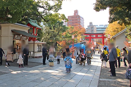 富岡八幡宮 境内・参道で七五三の記念撮影されている多くのご家族の様子（その1）