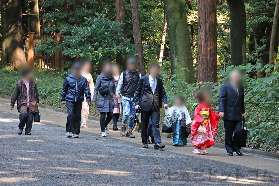 明治神宮 駐車場から本殿の方に向かう七五三ご家族の様子