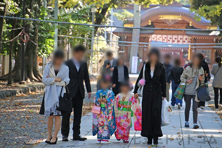 大國魂神社 参道を歩く七五三のお子さんとぞのご家族の様子